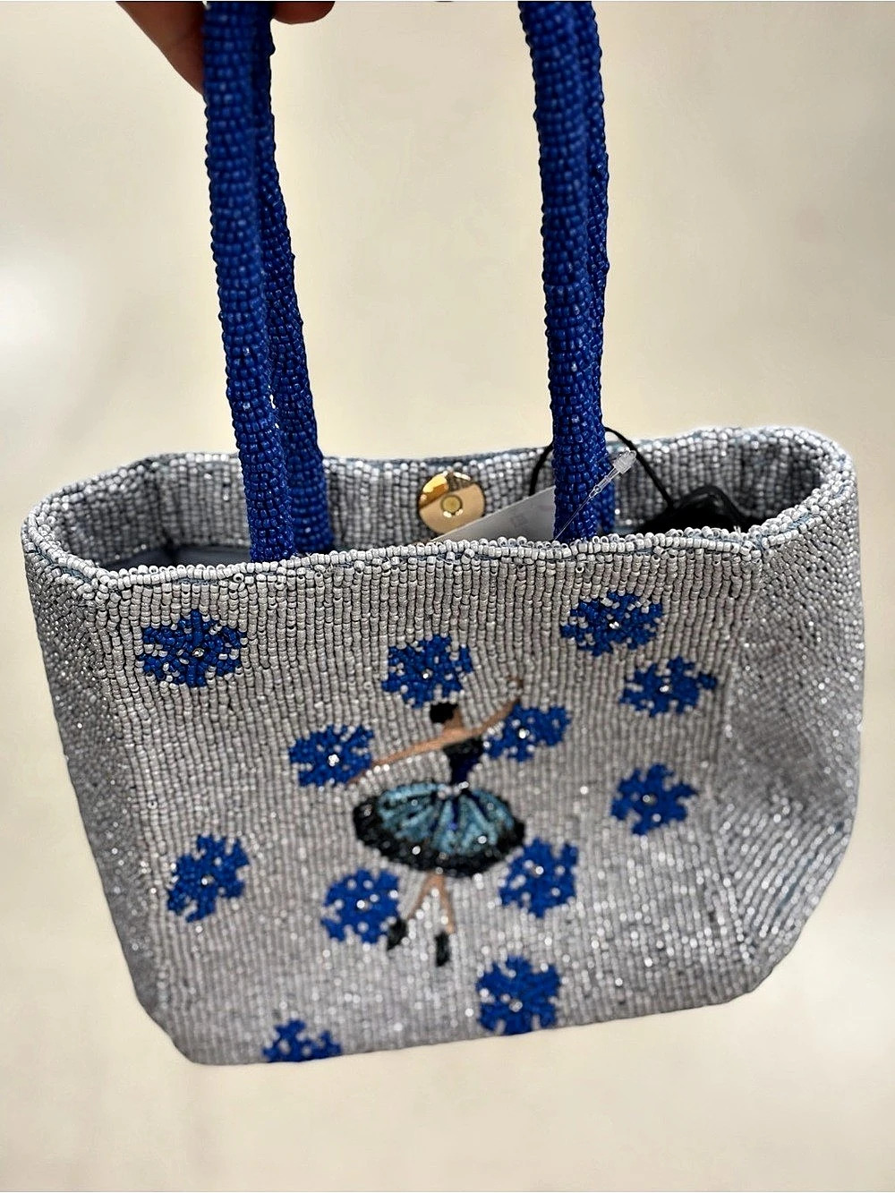 Beaded Floral Tote in Silver & Blue Like New